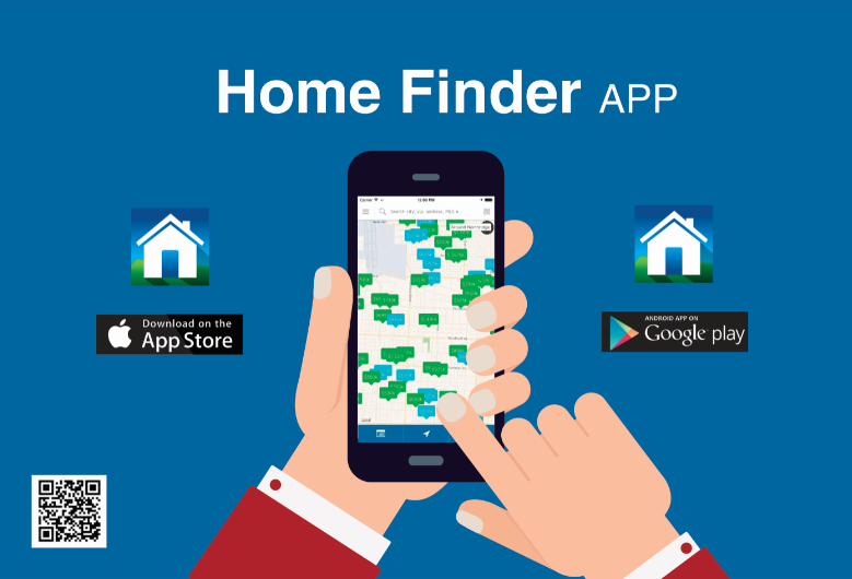 Home Finder APP — a hand holding a phone showing nearby home listings pinned on a map, with App Store and Google Play download badges.